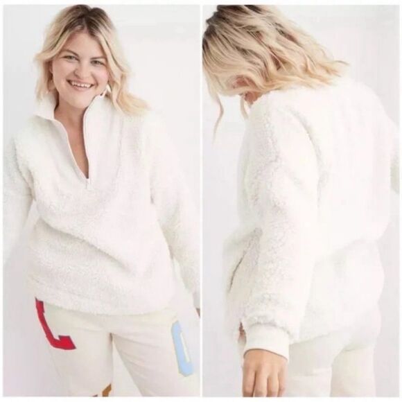 aerie XS/S Ivory Fluff Quarter Snap Front Lightweight Sherpa Pullover - Picture 1 of 15